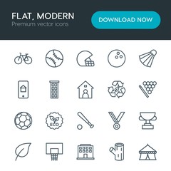 Fototapeta premium Modern Simple Set of sports, nature, buildings Vector outline Icons. Contains such Icons as ball, texture, leaf, eco, winner, flower and more on white background. Fully Editable. Pixel Perfect