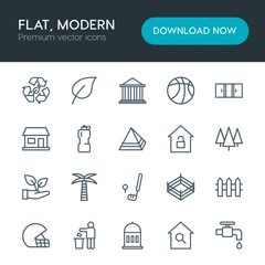 Modern Simple Set of sports, nature, buildings Vector outline Icons. Contains such Icons as  arena,  natural, hydrant,  competition,  safety and more on white background. Fully Editable. Pixel Perfect