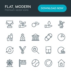 Modern Simple Set of sports, nature, buildings Vector outline Icons. Contains such Icons as sign,  award,  wheel,  winner,  save,  soccer and more on white background. Fully Editable. Pixel Perfect