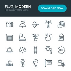 Modern Simple Set of sports, nature, buildings Vector outline Icons. Contains such Icons as  crane, rain,  umbrella, water, green,  tap, bow and more on white background. Fully Editable. Pixel Perfect