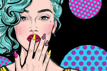 Wall murals Nail studio Fashion illustration of girl with hand on mouth in Pop art style.  Party invitation or Birthday greeting card design. Advertising poster of beauty saloon or nail bar.