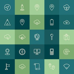 Modern Simple Set of location, cloud and networking, mobile Vector outline Icons. Contains such Icons as  euro,  internet,  location,  sky and more on green background. Fully Editable. Pixel Perfect.