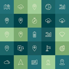 Modern Simple Set of location, cloud and networking, mobile Vector outline Icons. Contains such Icons as  street,  city, restaurant,  house and more on green background. Fully Editable. Pixel Perfect.