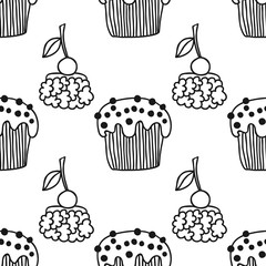 Cakes, sweet dessert. Black and white seamless pattern for coloring book or page.