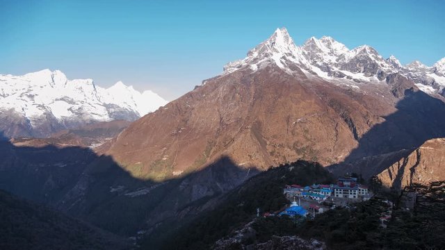 Time Lapse zoom of Tengboche temple at sunrise. Nepal, Himalaya mountains.