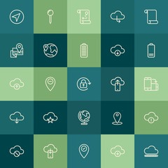 Modern Simple Set of location, cloud and networking, mobile Vector outline Icons. Contains such Icons as travel,  internet,  power, cloud and more on green background. Fully Editable. Pixel Perfect.