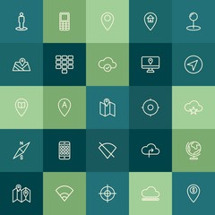 Modern Simple Set of location, cloud and networking, mobile Vector outline Icons. Contains such Icons as  vintage,  people,  gps,  planet and more on green background. Fully Editable. Pixel Perfect.