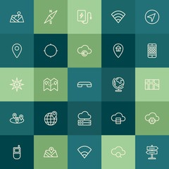 Modern Simple Set of location, cloud and networking, mobile Vector outline Icons. Contains such Icons as  web,  way, database, power,  pin and more on green background. Fully Editable. Pixel Perfect.