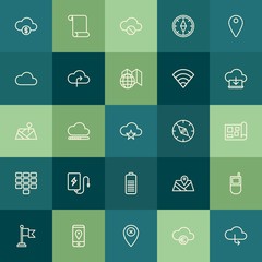 Modern Simple Set of location, cloud and networking, mobile Vector outline Icons. Contains such Icons as flag,  computer,  abstract, money and more on green background. Fully Editable. Pixel Perfect.