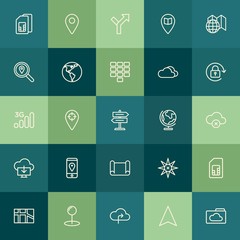 Modern Simple Set of location, cloud and networking, mobile Vector outline Icons. Contains such Icons as  city,  pin,  card, sign,  place and more on green background. Fully Editable. Pixel Perfect.