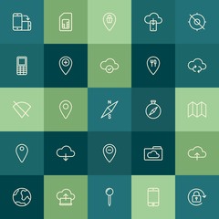 Modern Simple Set of location, cloud and networking, mobile Vector outline Icons. Contains such Icons as  world, phone,  pointer,  pin, sea and more on green background. Fully Editable. Pixel Perfect.