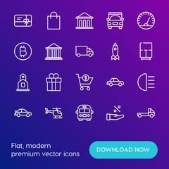 Modern Simple Set of transports, shopping, buildings Vector outline Icons. Contains such Icons as  bag,  package,  front,  finance,  bus and more on gradient background. Fully Editable. Pixel Perfect.