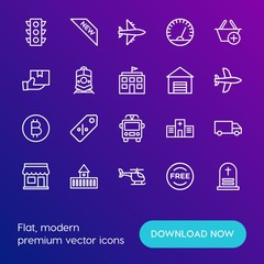 Modern Simple Set of transports, shopping, buildings Vector outline Icons. Contains such Icons as  airplane,  copter, traffic,  fortress and more on gradient background. Fully Editable. Pixel Perfect.