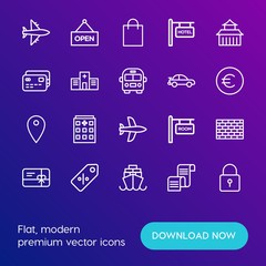 Modern Simple Set of transports, shopping, buildings Vector outline Icons. Contains such Icons as  cheque,  card,  bag, hotel, hospital and more on gradient background. Fully Editable. Pixel Perfect.