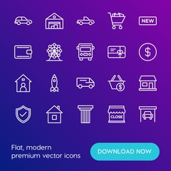 Modern Simple Set of transports, shopping, buildings Vector outline Icons. Contains such Icons as  spaceship,  mechanic,  money, rocket and more on gradient background. Fully Editable. Pixel Perfect.