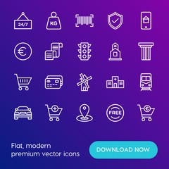 Modern Simple Set of transports, shopping, buildings Vector outline Icons. Contains such Icons as  payment,  money,  traffic,  health and more on gradient background. Fully Editable. Pixel Perfect.