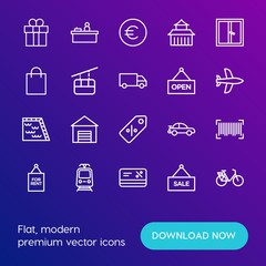 Modern Simple Set of transports, shopping, buildings Vector outline Icons. Contains such Icons as rent, tram,  present,  home,  estate and more on gradient background. Fully Editable. Pixel Perfect.