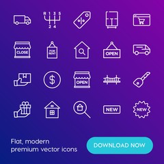 Modern Simple Set of transports, shopping, buildings Vector outline Icons. Contains such Icons as  key,  currency, delivery,  truck, new and more on gradient background. Fully Editable. Pixel Perfect.
