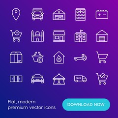 Fototapeta na wymiar Modern Simple Set of transports, shopping, buildings Vector outline Icons. Contains such Icons as hospital, map, vehicle, show, pin and more on gradient background. Fully Editable. Pixel Perfect.