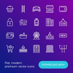 Modern Simple Set of transports, shopping, buildings Vector outline Icons. Contains such Icons as  medical,  sign,  building,  stick and more on gradient background. Fully Editable. Pixel Perfect.