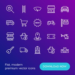 Modern Simple Set of transports, shopping, buildings Vector outline Icons. Contains such Icons as  cargo,  travel,  currency,  clinic and more on gradient background. Fully Editable. Pixel Perfect.