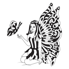 Hand drawn black and white butterflies With beautiful fairy. Design elements label, emblem, poster, t-shirt. Vector illustration