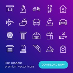Modern Simple Set of transports, shopping, buildings Vector outline Icons. Contains such Icons as  present,  god,  bag,  storehouse and more on gradient background. Fully Editable. Pixel Perfect.