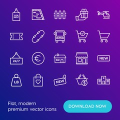 Modern Simple Set of transports, shopping, buildings Vector outline Icons. Contains such Icons as  present,  cash,  pool,  money, water and more on gradient background. Fully Editable. Pixel Perfect.
