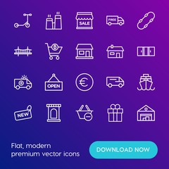 Modern Simple Set of transports, shopping, buildings Vector outline Icons. Contains such Icons as castle,  freight,  cargo, handle,  box and more on gradient background. Fully Editable. Pixel Perfect.