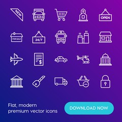Modern Simple Set of transports, shopping, buildings Vector outline Icons. Contains such Icons as  christian, diagonal,  delivery,  cart and more on gradient background. Fully Editable. Pixel Perfect.
