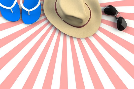 Beach accessories on striped red background, Summer vacation concept, 3D rendering