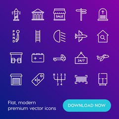 Modern Simple Set of transports, shopping, buildings Vector outline Icons. Contains such Icons as  banking, service,  barcode, plan, car and more on gradient background. Fully Editable. Pixel Perfect.
