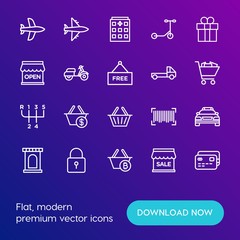 Modern Simple Set of transports, shopping, buildings Vector outline Icons. Contains such Icons as hospital,  barcode,  speed,  exterior and more on gradient background. Fully Editable. Pixel Perfect.
