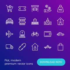 Modern Simple Set of transports, shopping, buildings Vector outline Icons. Contains such Icons as  death, aircraft, garage,  travel, car and more on gradient background. Fully Editable. Pixel Perfect.