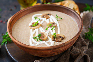 Mushroom cream soup. Vegan food. Dietary menu.