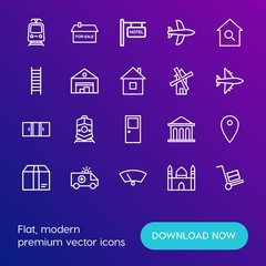 Modern Simple Set of transports, shopping, buildings Vector outline Icons. Contains such Icons as  sign,  money,  muslim,  street,  post and more on gradient background. Fully Editable. Pixel Perfect.