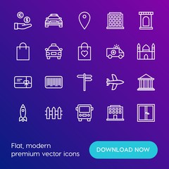 Modern Simple Set of transports, shopping, buildings Vector outline Icons. Contains such Icons as car,  background,  urban,  space,  map and more on gradient background. Fully Editable. Pixel Perfect.