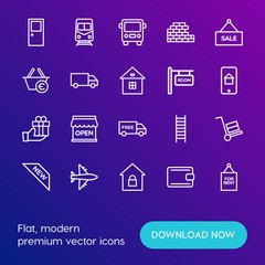 Modern Simple Set of transports, shopping, buildings Vector outline Icons. Contains such Icons as  finance,  house,  urban,  train,  sky and more on gradient background. Fully Editable. Pixel Perfect.