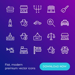 Modern Simple Set of transports, shopping, buildings Vector outline Icons. Contains such Icons as  bitcoin,  sign, door,  stick, basket and more on gradient background. Fully Editable. Pixel Perfect.