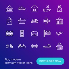 Modern Simple Set of transports, shopping, buildings Vector outline Icons. Contains such Icons as  sport,  door,  car, pickup, motorbike and more on gradient background. Fully Editable. Pixel Perfect.