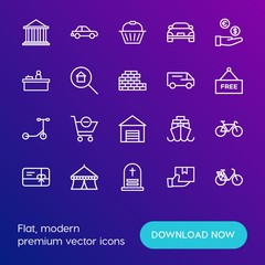 Modern Simple Set of transports, shopping, buildings Vector outline Icons. Contains such Icons as  card,  vessel,  postal,  stone, ocean and more on gradient background. Fully Editable. Pixel Perfect.