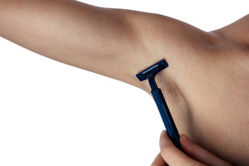 Girl shaves a woman's armpit with a close-up blade on a white background (Isolate)