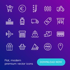 Modern Simple Set of transports, shopping, buildings Vector outline Icons. Contains such Icons as  car,  distribution,  old, sign,  euro and more on gradient background. Fully Editable. Pixel Perfect.