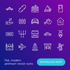 Modern Simple Set of transports, shopping, buildings Vector outline Icons. Contains such Icons as  biker, education,  wind, car,  sky and more on gradient background. Fully Editable. Pixel Perfect.