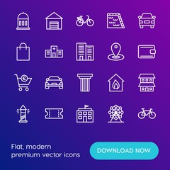 Modern Simple Set of transports, shopping, buildings Vector outline Icons. Contains such Icons as  pool,  wheel,  fire, water,  road and more on gradient background. Fully Editable. Pixel Perfect.