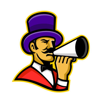 Mascot icon illustration of head of a ringmaster or ringleader, a master of ceremonies that introduces the circus acts,  holding a bullhorn viewed from side on isolated background in retro style.