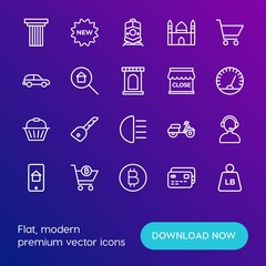 Modern Simple Set of transports, shopping, buildings Vector outline Icons. Contains such Icons as  classic,  online,  sign,  customer and more on gradient background. Fully Editable. Pixel Perfect.