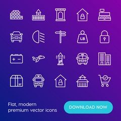 Modern Simple Set of transports, shopping, buildings Vector outline Icons. Contains such Icons as  office,  transportation, house,  cart and more on gradient background. Fully Editable. Pixel Perfect.