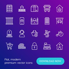 Modern Simple Set of transports, shopping, buildings Vector outline Icons. Contains such Icons as  cargo,  building,  farm,  retro,  box and more on gradient background. Fully Editable. Pixel Perfect.