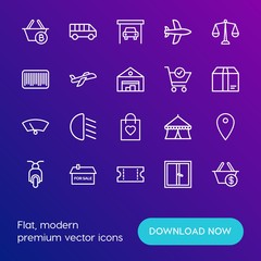 Modern Simple Set of transports, shopping, buildings Vector outline Icons. Contains such Icons as  home, pin,  bike,  bright, window and more on gradient background. Fully Editable. Pixel Perfect.